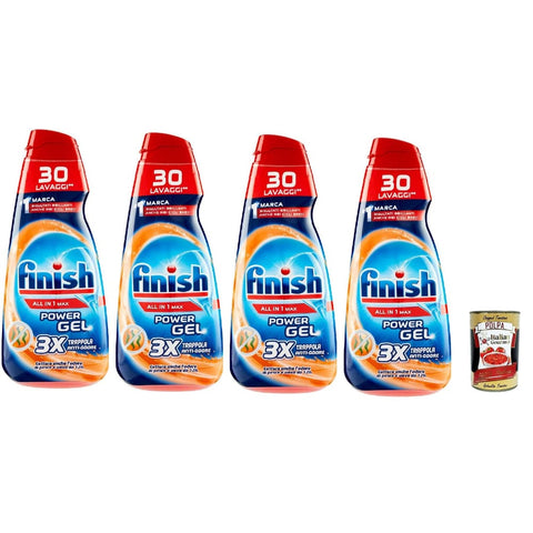 Finish Spülmaschinenreinigung Finish Powergel Flüssigwaschmittel für die Spülmaschine, multifunktional, entfettende Wirkung, Anti-Geruchsgel, 30 Wäschen 4x 600ml Original italienisch inkl. Italian Gourmet Polpa 400g