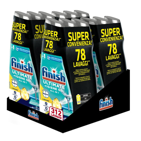 Finish Quantum + Hygiene, Geschirrspülmittel, empfohlen von Napisan, Geschirrspülgel, Zitrone, 312 Waschgänge, 12 Packungen mit je 26 Wäschen Flüssigkeit italienisch Original