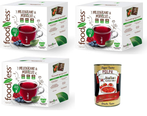 Foodness Früchtetee FoodNess - Heidelbeer- und Granatapfel-Kräutertee-Kapsel Dolce Gusto-kompatibles glutenfreies Getränk mit saurem und säuerlichem Geschmack 3 box mit 10 kapseln + Italian Gourmet polpa 400g 0
