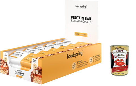 Foodspring Proteinriegel Foodspring Extra Chocolate Protein Bar, Proteinriegel weicher Karamell, 12x45g, der perfekte Snack mit hohem Proteingehalt mit echter Schokolade und weniger Zucker + Italian Gourmet polpa 400g 4260701925057