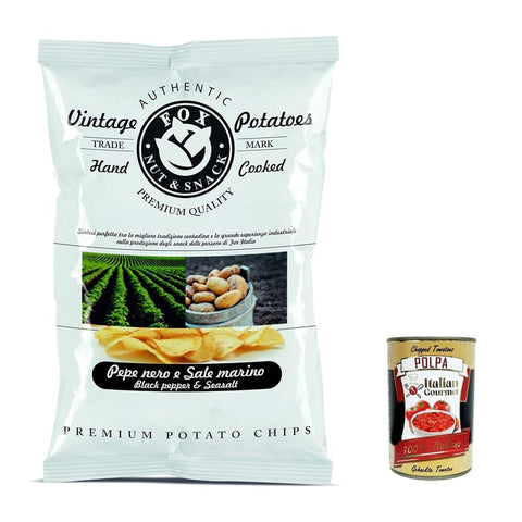FOX Natural Quality Chips FOX Natural Quality Vintage Potatoes schwarzer Pfeffer und Meersalz, Premium italienische handgefertigte Kartoffel crisps chips 120g 5x Original italienisch inkl. Italian Gourmet Polpa 400g 8007537006354