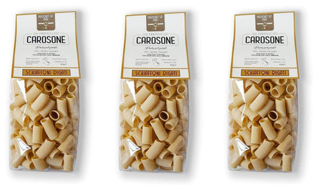 Fratelli Carosone Kurze Pasta 3x Fratelli Carosone Pasta Artigianale Schiaffoni Rigati handwerkliche Hartweizengrieß Pasta 100% italienischer Weizen Bronze Zeichnung Packung mit 500g langsames Trocknen bei niedrigen Temperaturen 8068080611839