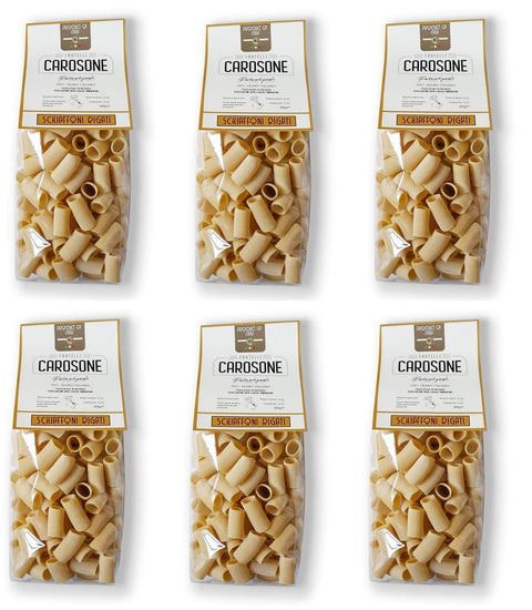 Fratelli Carosone Kurze Pasta 6x Fratelli Carosone Pasta Artigianale Schiaffoni Rigati handwerkliche Hartweizengrieß Pasta 100% italienischer Weizen Bronze Zeichnung Packung mit 500g langsames Trocknen bei niedrigen Temperaturen 8068080611839