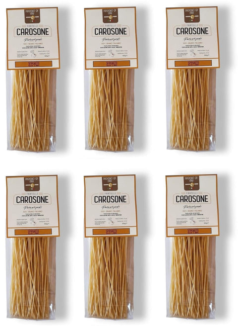 Fratelli Carosone Kurze Pasta 6x Fratelli Carosone Pasta Artigianale Spaghetti tagliati a mano Hand geschnitten handwerkliche Hartweizengrieß Pasta 100% italienischer Weizen Bronze Zeichnung Packung mit 500g langsames Trocknen 8068080611907