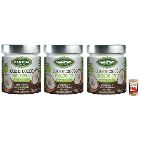 Fratelli Mantova Olio Öl, Essig & Dressings Fratelli Mantova Olio Di Cocco Biologico,Bio-Kokosöl,100% Natürlich,200-ml-Glas 3x Original italienisch inkl. Italian Gourmet Polpa di Pomodoro 400g Dose 8006830610428