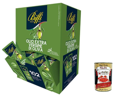 Gaia Oliven Biffi Extra Vergine Olivenöl, 102 Portionsbeutel à 10 ml, Einzelportionen, + Italian Gourmet polpa 400g