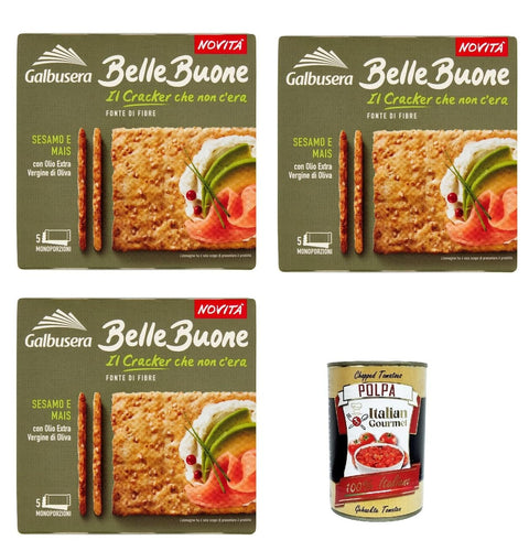 Galbusera Crackers Galbusera BelleBuone Cracker Sesamo e Mais con Olio Extra Vergine di Oliva, Cracker Sesam und Mais mit extra extra nativ virgin Öl Olivenöl 3x 200g + Italian Gourmet polpa 400g 8002190006925