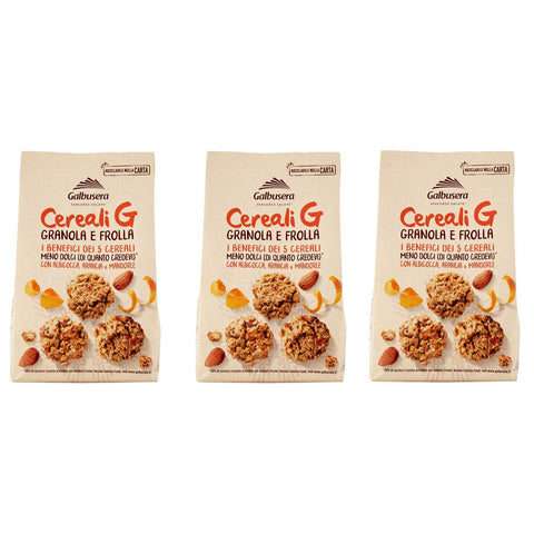 Galbusera Cereali G Granola e Frolla Shortbread-Kekse mit Müsli und Obst mit Aprikose Orange und Mandeln 300 g 3x italienisch Original