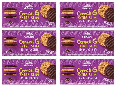 Galbusera Kekse 6x Galbusera Cereali G Extra Slim Fondente Müslikekse Kekse aus Getreide Umhüllt von Dunkler Schokolade Packung à 120g, jede Packung enthält 4 Einzelportionen à 30g 8002190006543