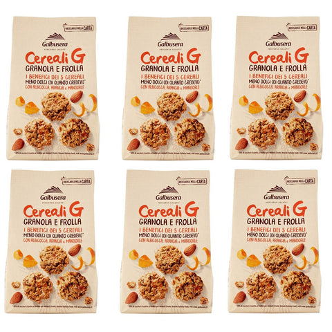 Galbusera Cereali G Granola e Frolla Shortbread Kekse mit Müsli und Obst mit Aprikose, Orange und Mandeln cookies biscuits 6x300g Original italienisch