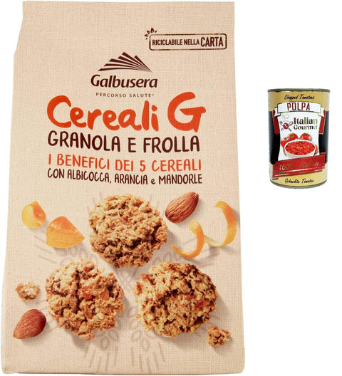 Galbusera Kekse 6x Galbusera Cereali G Granola e Frolla Shortbread-Kekse mit Müsli und Obst mit Aprikose, Orange und Mandeln cookies biscuits 300g + Italian Gourmet polpa 400g 8002190006512