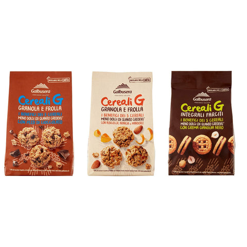 Galbusera Cereali G Integrali Farciti Granola e Frolla Kekse gefüllt mit Gianduja Creme - Kekse mit Müsli und Schokoladenstücke - Kekse mit Müsli und Obst ( 1 x 250g ) ( 2 x 300g ) Testpaket Original italienisch