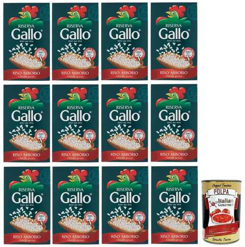 Gallo Reis 12x Gallo Riso Arborio Riserva,100% Italienischer Reis,Kochzeit 15 Minuten,Packung mit 1Kg + Italian Gourmet Polpa di Pomodoro 400g Dose 8001420001624