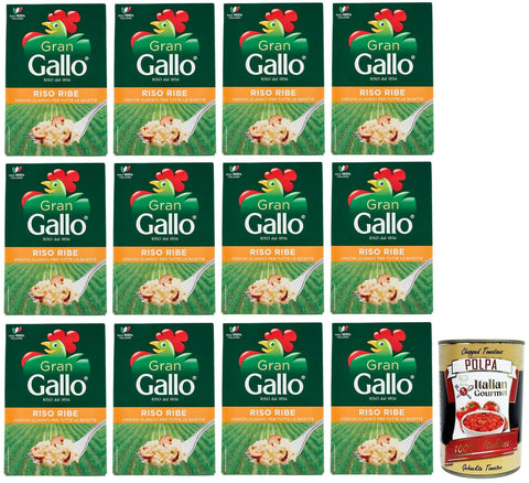 Gallo Reis 12x Gran Gallo Riso Ribe,100% Italienischer Reis, ideal für jede Art von Rezept,Kochzeit 15 Minuten,Packung mit 500g + Italian Gourmet Polpa di Pomodoro 400g Dose 8001420002126