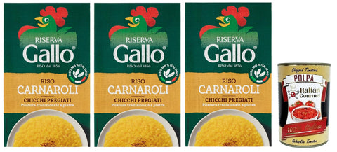 Gallo Reis 3x Gallo Riso Riserva Carnaroli,100% Italienischer Reis,Kochzeit 15 Minuten,Ideal für Risottos,Packung mit 1Kg + Italian Gourmet Polpa di Pomodoro 400g Dose 8001420001938