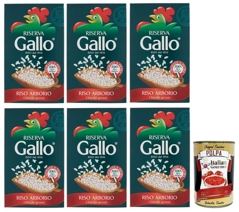 Gallo Reis 6x Gallo Riso Arborio Riserva,100% Italienischer Reis,Kochzeit 15 Minuten,Packung mit 1Kg + Italian Gourmet Polpa di Pomodoro 400g Dose 8001420001624