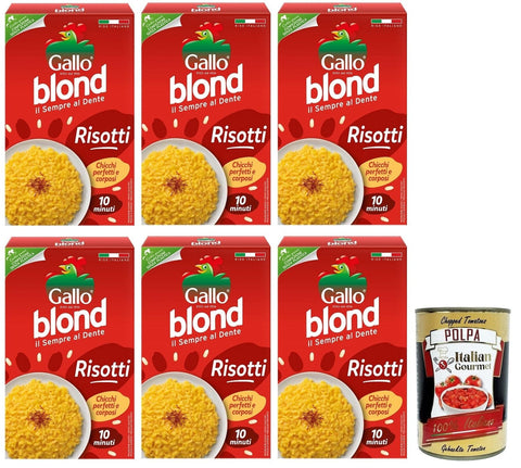 Gallo Reis 6x Gallo Riso Blond Risotti,100% Italienischer Reis, Ideal für Risottos,Kochzeit 10 Minuten,Packung mit 1Kg + Italian Gourmet Polpa di Pomodoro 400g Dose 8001420003666