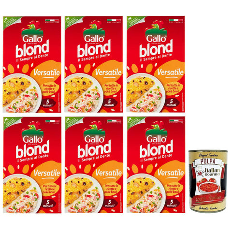 Gallo Riso Blond Versatile 100% Italienischer Reis Kochzeit 5 Minuten Ideal für alle Rezepte Packung mit 1 Kg 6x italienisch Original + kostenlos Polpa di Pomodoro