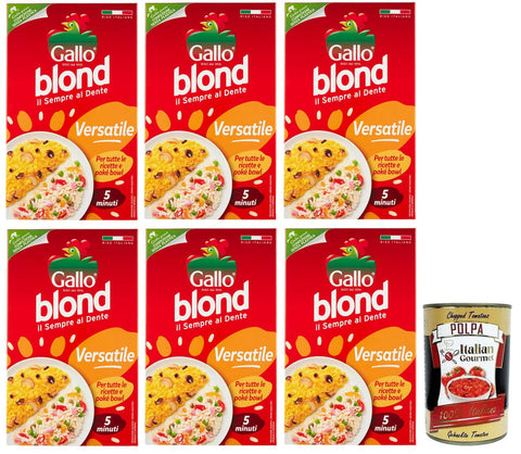 Gallo Reis 6x Gallo Riso Blond Versatile,100% Italienischer Reis,Kochzeit 5 Minuten,Ideal für alle Rezepte,Packung mit 1Kg + Italian Gourmet Polpa di Pomodoro 400g Dose 8001420004229