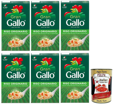 Gallo Reis 6x Gran Gallo Riso Originario,100% Italienischer Reis,Kochzeit 15 Minuten,ideal für die Zubereitung von Füllungen,Packung mit 1Kg + Italian Gourmet Polpa di Pomodoro 400g Dose 8001420001594