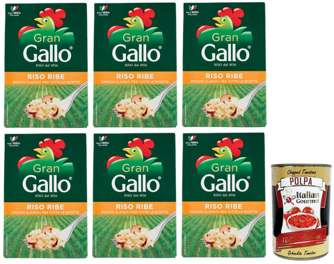 Gallo Reis 6x Gran Gallo Riso Ribe,100% Italienischer Reis, ideal für jede Art von Rezept,Kochzeit 15 Minuten,Packung mit 500g + Italian Gourmet Polpa di Pomodoro 400g Dose 8001420002126