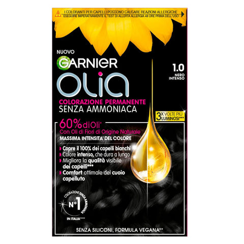 Garnier Olia Midnight Haarfarbe, permanente Haarfarbe, ohne Ammoniak, deckt 100% weißes Haar ab, mit natürlichen Blütenölen natürlichen Ursprungs, vegane Formel, intensives Schwarz italienisch Original