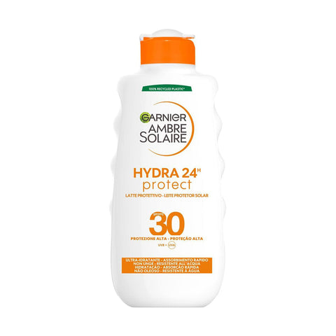 Garnier Ambre Solaire Milchschutz Hydra 24H Protect, Gesicht und Körper, Ultra-Feuchtigkeitsspendend für den ganzen Tag, mit hohem SPF 30-Schutz, wasserfest, schnelle Absorption, 200 ml Original italienisch