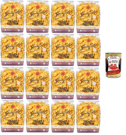 GAROFALO Kurze Pasta Garofalo Mafalda Corta Glutenfreie Pasta,Glutenfreie Pasta aus Mais, Naturreis und Quinoa 16x400gr + Italian Gourmet polpa 400g 8000139929809