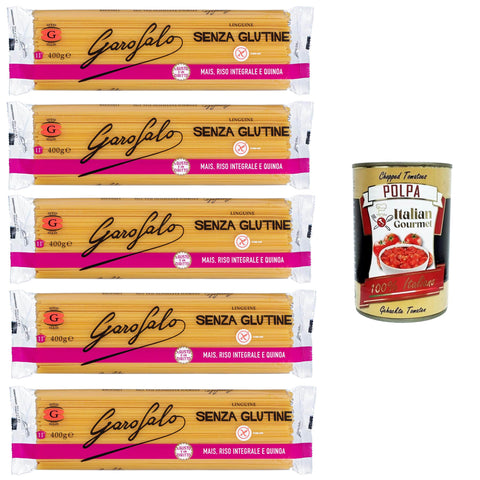 GAROFALO Linguine,Glutenfreie Pasta aus Mais, Naturreis und Quinoa 5x400g Original italienisch inkl. Italian Gourmet Polpa 400g