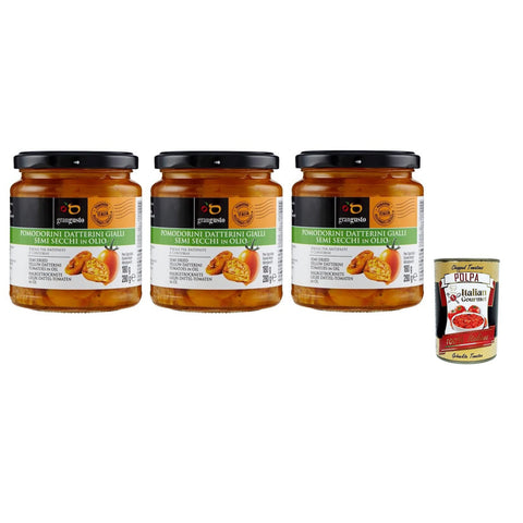 Grangusto Pomodorini Datterini Gialli Semi Secchi in Olio Halbgetrocknete Gelbe Dattel Tomaten in Öl Tomate Glas 3x 280g italienisch Original