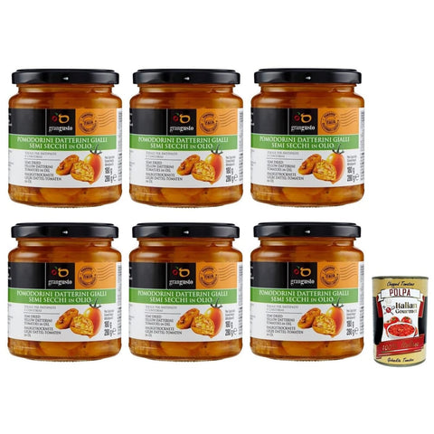 Grangusto Gemüse Grangusto Pomodorini Datterini Gialli Semi Secchi in Olio Halbgetrocknete Gelbe Dattel Tomaten in Öl Tomate Glas 6x 280g italienisch Original 8017995100594