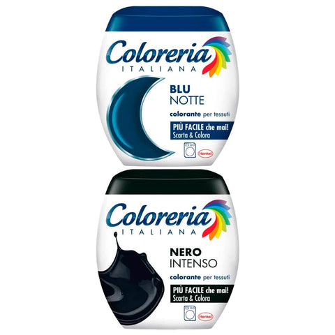 Grey Coloreria Italiana Textilfarbe in der Waschmaschine, Farbe intensives Schwarz, All - in - One - Formel + italienische Coloreria Nachtblau für Baumwolle, Leinen und Viskose, 2 Packungen Einzeldosis Original italienisch