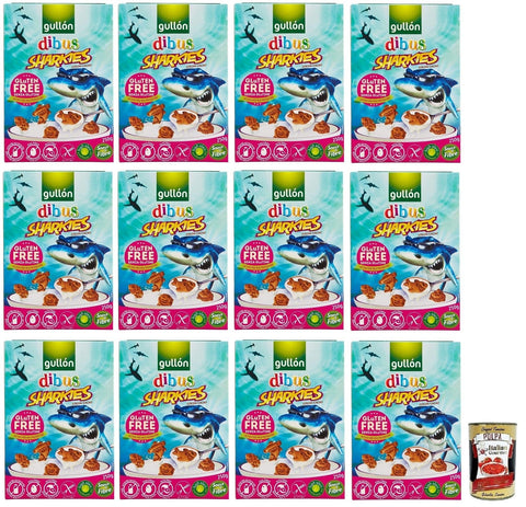 Gullon Kekse 12x Gullón Gluten Free Sharkies Dibus,Glutenfreie Kinderkekse,Kakaokekse,Packung mit 250g + Italian Gourmet Polpa di Pomodoro 400g Dose 8410376044959
