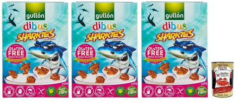 Gullon Kekse 3x Gullón Gluten Free Sharkies Dibus,Glutenfreie Kinderkekse,Kakaokekse,Packung mit 250g + Italian Gourmet Polpa di Pomodoro 400g Dose 8410376044959