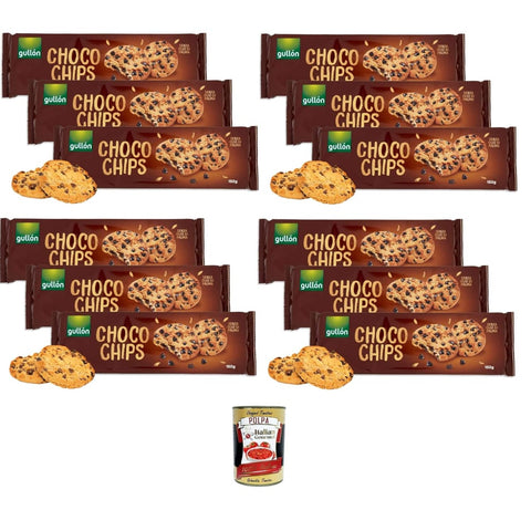 Gullon Kekse Gullon Choco Chips Golosi Biscotti Cookies con Gocce di Cioccolato Fondente,Choco Chips Leckere Kekse mit dunklen Schokoladenstückchen,12x 150 g Original italienisch inkl. Italian Gourmet Polpa 400g 8032804040014