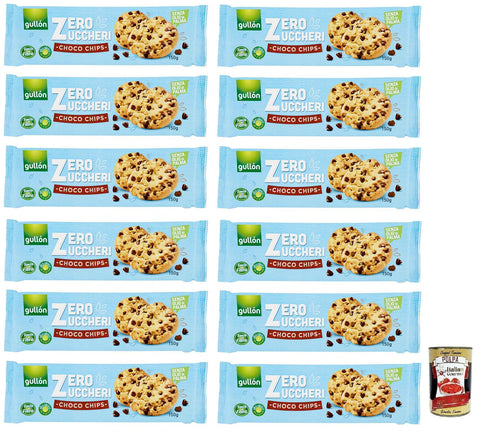 Gullon Gullón Choco Chips Senza Zuccheri Kekse mit Schokoladenstückchen Zuckerfreie Packung mit 150 g 12x italienisch Original Kartoffelchips + gratis Polpa di
