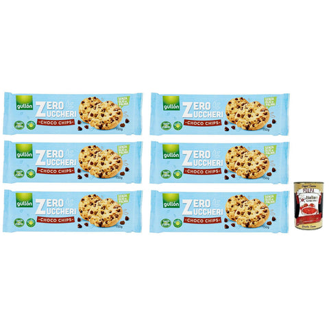 Gullon Gullón Choco Chips Senza Zuccheri Kekse mit Schokoladenstückchen Zuckerfreie Packung mit 150 g 6x italienisch Original Kartoffelchips + kostenlos Polpa di