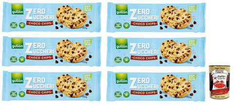 Gullon Gullón Choco Chips Senza Zuccheri Kekse mit Schokoladenstückchen Zuckerfreie Packung mit 150 g 6x italienisch Original Kartoffelchips + gratis Polpa di