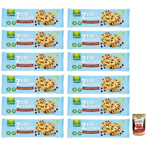 Gullon Knabberartikel Gullon Gullón Choco Chips Senza Zuccheri Kekse mit Schokoladenstückchen Zuckerfreie Packung mit 150 g 12x italienisch Original Kartoffelchips + kostenlos Polpa di 8410376055818