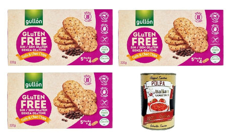 Gullon Snack Kuchen & Backwaren GULLON Biscotti di avena con gocce di cioccolato, senza glutine, Haferkekse mit Schokoladenchips, biscuits gluten frei, gluten free 3x 220g + Italian Gourmet polpa 400g 8410376061772