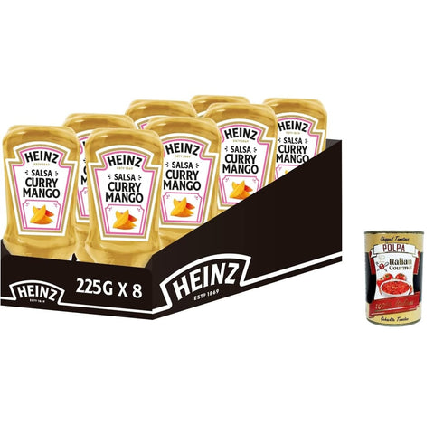 Heinz Würzsaucen Heinz Salsa Curry Mango Top Down, Ideal zu Hühnchen und Lachs, Squeezeflasche, Sauce Flasche 8x 225g Original italienisch inkl. Italian Gourmet Polpa 400g 8001040415528