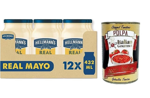 Hellmann's Mayonnaise 12x Real Maionese,Mayonnaise in Glas-Verpackung,432ml + Italian Gourmet Polpa di Pomodoro 400g Dose 8710908910104