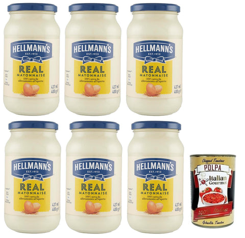 Hellmann's Mayonnaise 6x Hellmann's Real Maionese,Mayonnaise in Glas-Verpackung,432ml + Italian Gourmet Polpa di Pomodoro 400g Dose 8710908910104