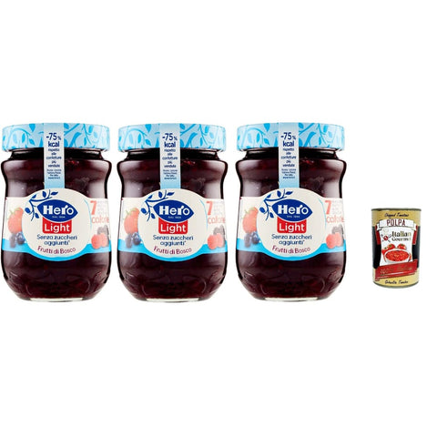Hero Fruchtaufstrich Hero Light Konfitüre Leichte Brotaufstriche wilde Beeren, Extra-Marmelade und Konfitüre mit hochwertigen Früchten, ohne Zuckerzusatz und sehr wenig Kalorien 3x 280 g Original italienisch inkl. Italian Gourmet Polpa 400g 8000080004358