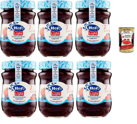 Hero Fruchtaufstrich Hero Light Konfitüre Leichte Brotaufstriche wilde Beeren, Extra-Marmelade und Konfitüre mit hochwertigen Früchten, ohne Zuckerzusatz und sehr wenig Kalorien 6x 280 g + Italian Gourmet polpa 400g 8000080004358