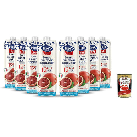 Hero Fruchtsäfte Hero Light Fruit Getränk Geschmack Rot Orange Geschmack, 8 1L -Flaschen, Fruchtsaft ohne zugesetzten Zucker, Null -Konservierungsstoffe, Nullfarbstoffe Original italienisch inkl. Italian Gourmet Polpa 400g 8032804040014