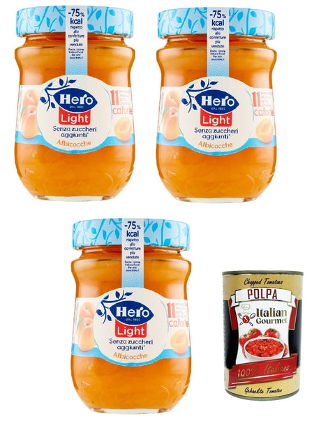 Hero Marmeladen & Konfitüren Hero Light Konfitüre Leichte Brotaufstriche Aprikosen, Extra-Marmelade und Konfitüre mit hochwertigen Früchten, ohne Zuckerzusatz und sehr wenig Kalorien 3x 280 g + Italian Gourmet polpa 400g 8000080004303