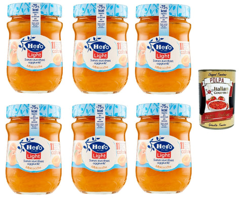 Hero Marmeladen & Konfitüren Hero Light Konfitüre Leichte Brotaufstriche Aprikosen, Extra-Marmelade und Konfitüre mit hochwertigen Früchten, ohne Zuckerzusatz und sehr wenig Kalorien 6x 280 g + Italian Gourmet polpa 400g 8000080004303