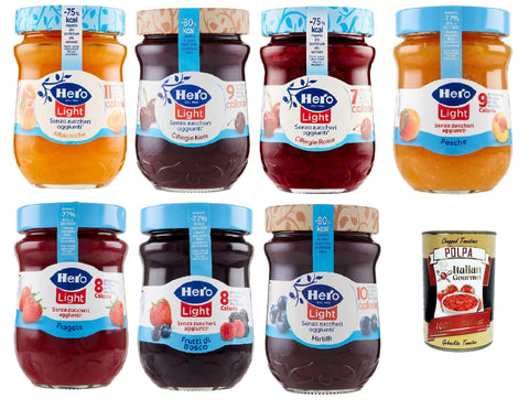 Hero Marmeladen & Konfitüren Hero Light Konfitüre Leichte Brotaufstriche Testpaket, Extra-Marmelade und Konfitüre mit hochwertigen Früchten, ohne Zuckerzusatz und sehr wenig Kalorien 7x 280 g + Italian Gourmet polpa 400g 8000080004372