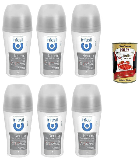 Infasil Deo Infasil Deo Roll-On Neutral Dreifach-Schutz, wirksam gegen Schweiß und schlechte Gerüche, ohne Alkohol, Deo Roll-On 6x 50 ml + Italian Gourmet polpa 400g 8000036021606